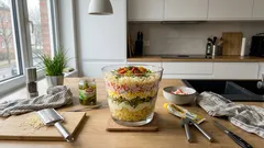 Schichtsalat mit Krabbenstäbchen und Knoblauch-Dressing: In 15 Minuten ein kleiner Hingucker